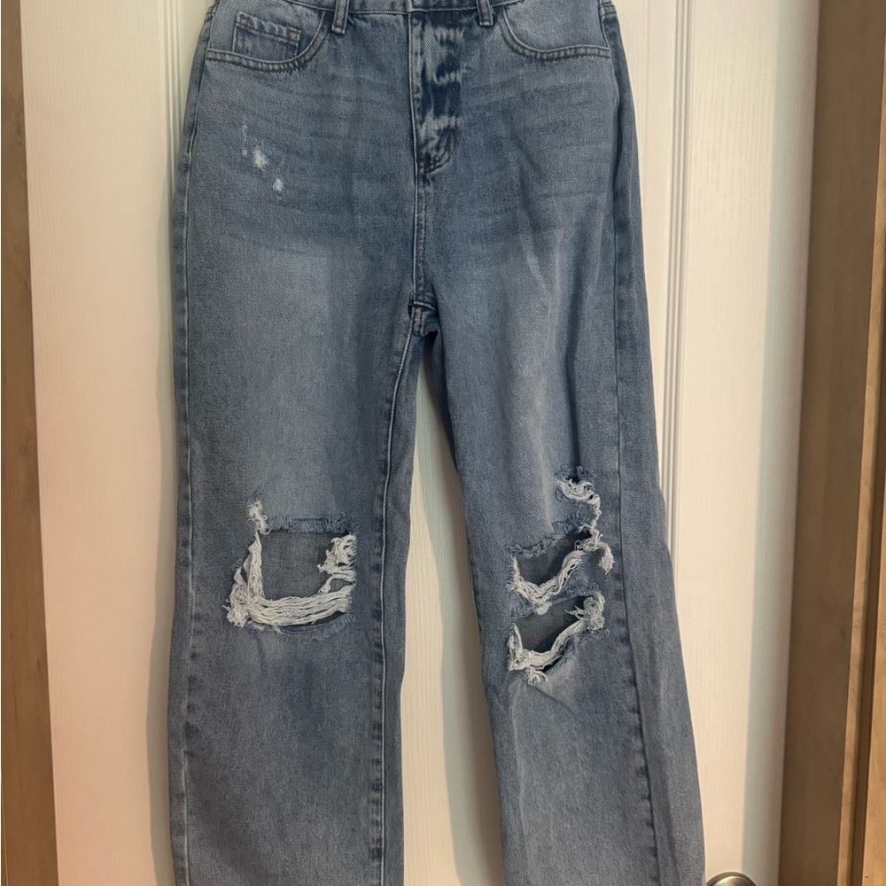 SHEIN Blue Straight Leg Distressed Jeans
